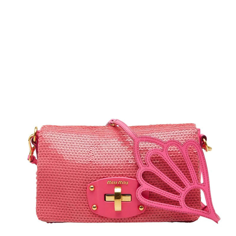 Miu Miu pink sequin shoulder bag cutout butterfly floral wing charm strap